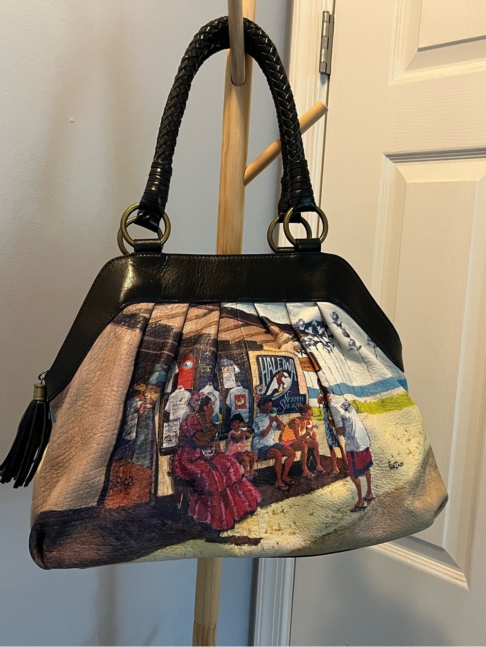Painted Vintage Black Leather Icon Los Angeles Tote Bag Handbag Haleiwa North